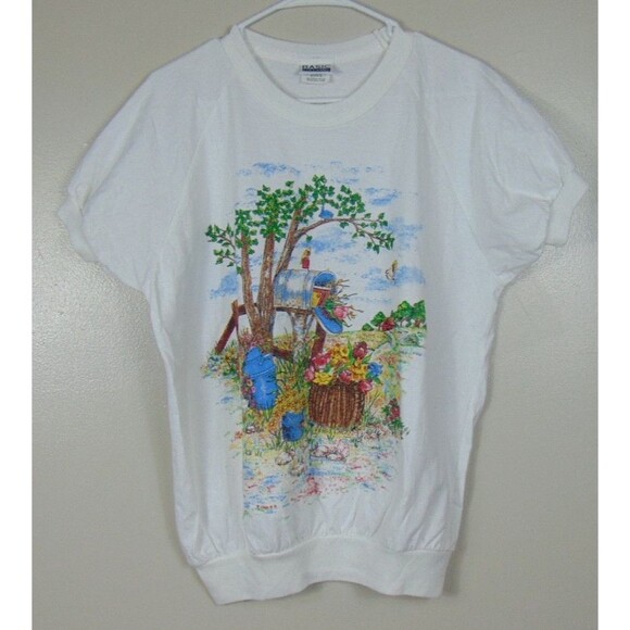 VTG 90's Basic Editions Graphic T-shirt White Mailbox Grandmacore Cottagecore M - Picture 2 of 9